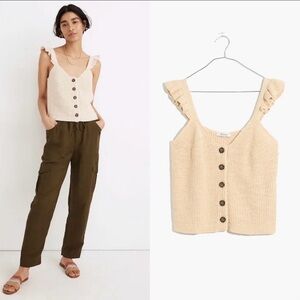 Madewell Top Ruffle-Strap Button-Front Sweater Tank Bone Cream Sz L